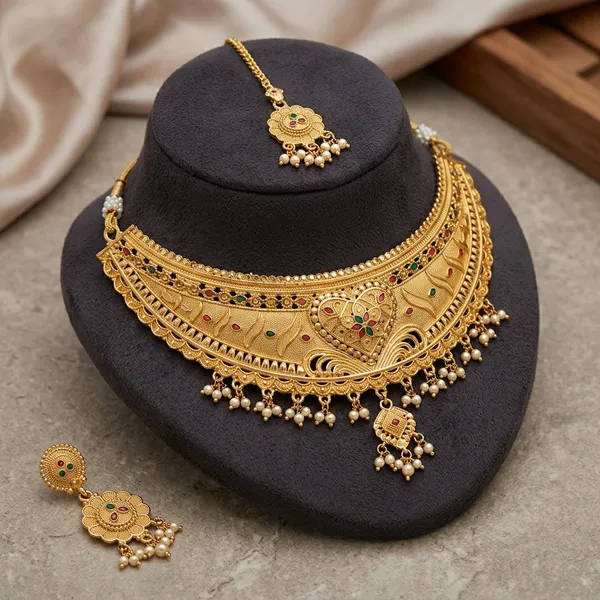 Gold_Brass_Choker_Necklace_Set_With_Earrings_And_Maang_Tikka_For_Women