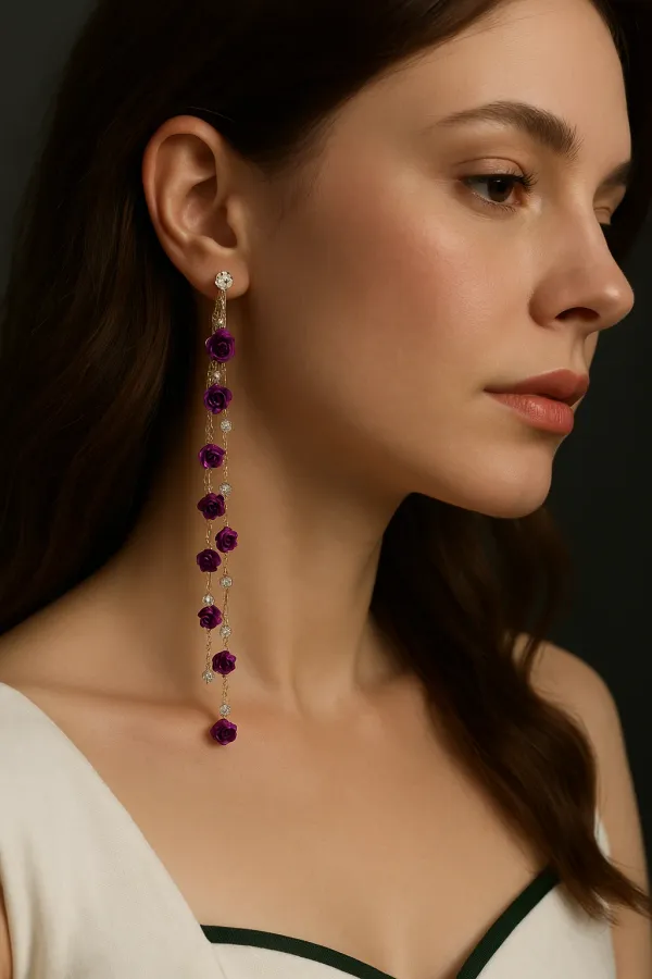 Gold_Plated_Purple_Flower_Chain_Drop_Anti_Tarnish_Earrings
