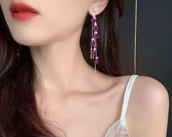 Gold_Plated_Purple_Flower_Chain_Drop_Anti_Tarnish_Earrings
