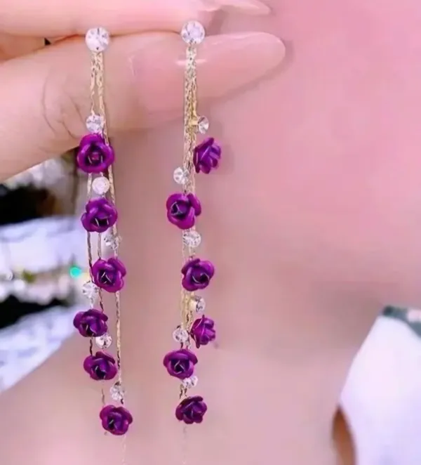 Gold_Plated_Purple_Flower_Chain_Drop_Anti_Tarnish_Earrings