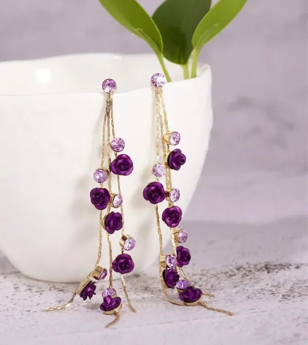 Gold_Plated_Purple_Flower_Chain_Drop_Anti_Tarnish_Earrings