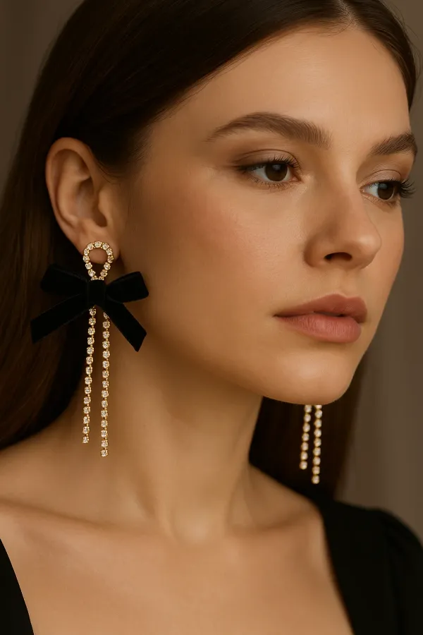 Black_Velvet_Bow_Long_Rhinestone_Chain_Anti_Tarnish_Earrings