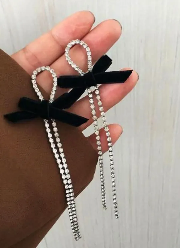 Black_Velvet_Bow_Long_Rhinestone_Chain_Anti_Tarnish_Earrings