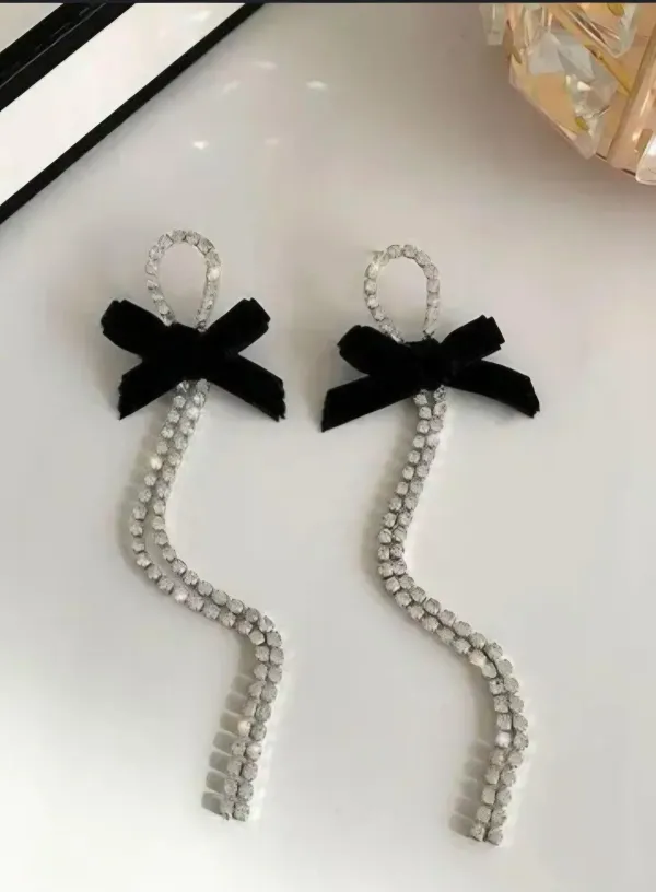 Black_Velvet_Bow_Long_Rhinestone_Chain_Anti_Tarnish_Earrings