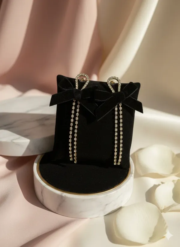 Black_Velvet_Bow_Long_Rhinestone_Chain_Anti_Tarnish_Earrings