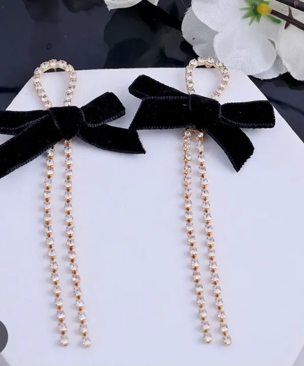 Black_Velvet_Bow_Long_Rhinestone_Chain_Anti_Tarnish_Earrings