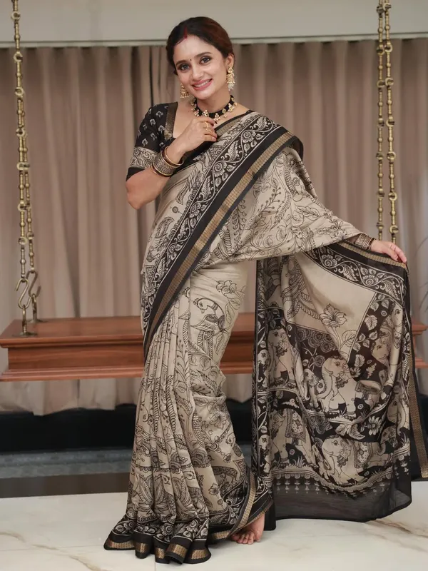 Beige_And_Black_Linen_And_Cotton_Premium_Saree_For_Women