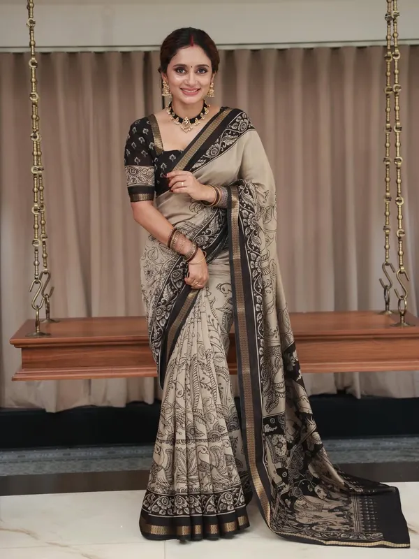 Beige_And_Black_Linen_And_Cotton_Premium_Saree_For_Women