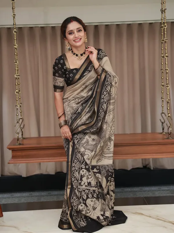 Beige_And_Black_Linen_And_Cotton_Premium_Saree_For_Women