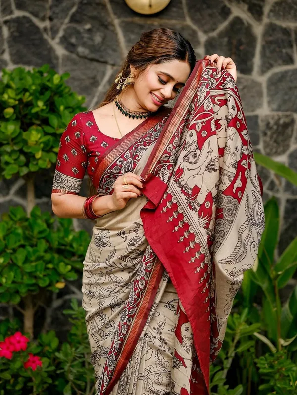 Beige_And_Red_Linen_And_Cotton_Premium_Saree_For_Women
