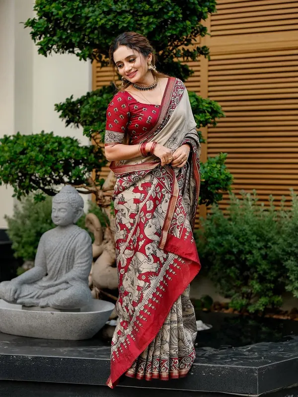 Beige_And_Red_Linen_And_Cotton_Premium_Saree_For_Women