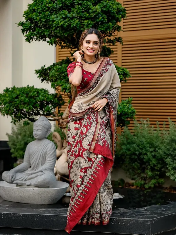 Beige_And_Red_Linen_And_Cotton_Premium_Saree_For_Women