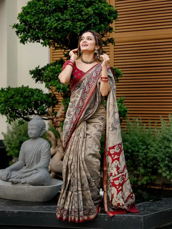 Beige_And_Red_Linen_And_Cotton_Premium_Saree_For_Women