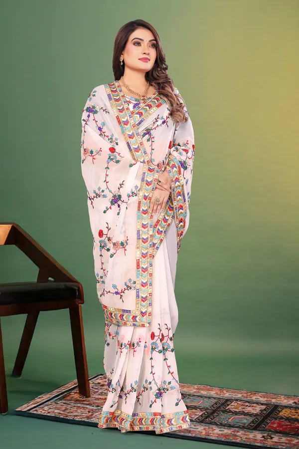 White_Georgette_Premium_And_Elegant_Saree_For_Women