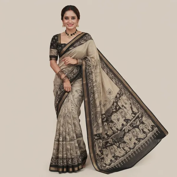 Beige_And_Black_Linen_And_Cotton_Premium_Saree_For_Women