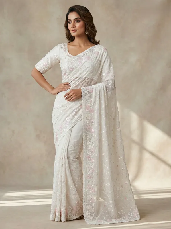 White_Georgette_Premium_And_Elegant_Saree_For_Women