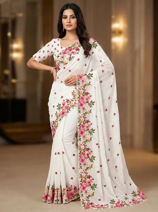 White_Georgette_Premium_And_Elegant_Saree_For_Women