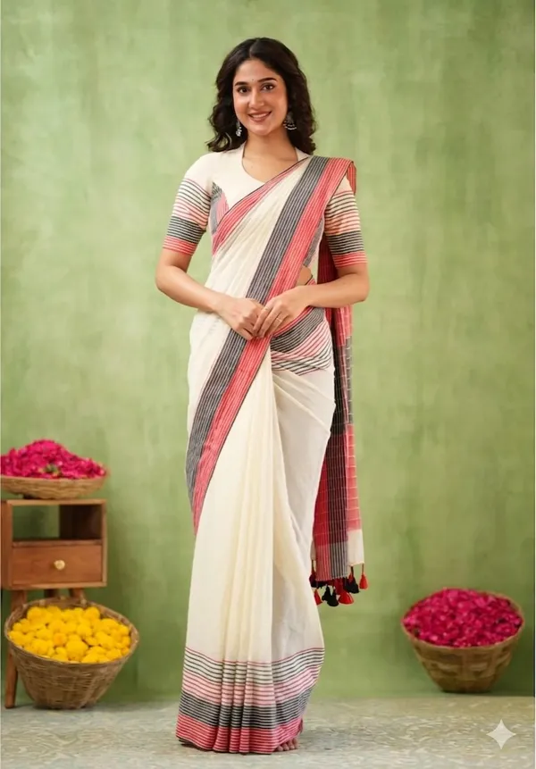 White_Linen_And_Cotton_Premium_Saree_For_Women