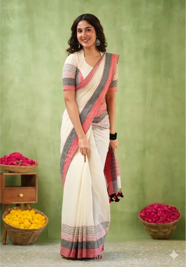 White_Linen_And_Cotton_Premium_Saree_For_Women