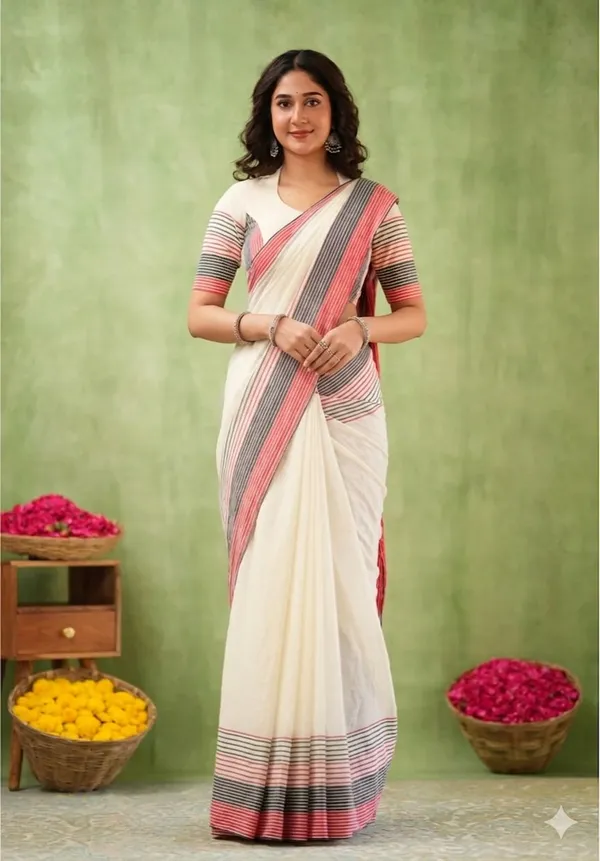 White_Linen_And_Cotton_Premium_Saree_For_Women