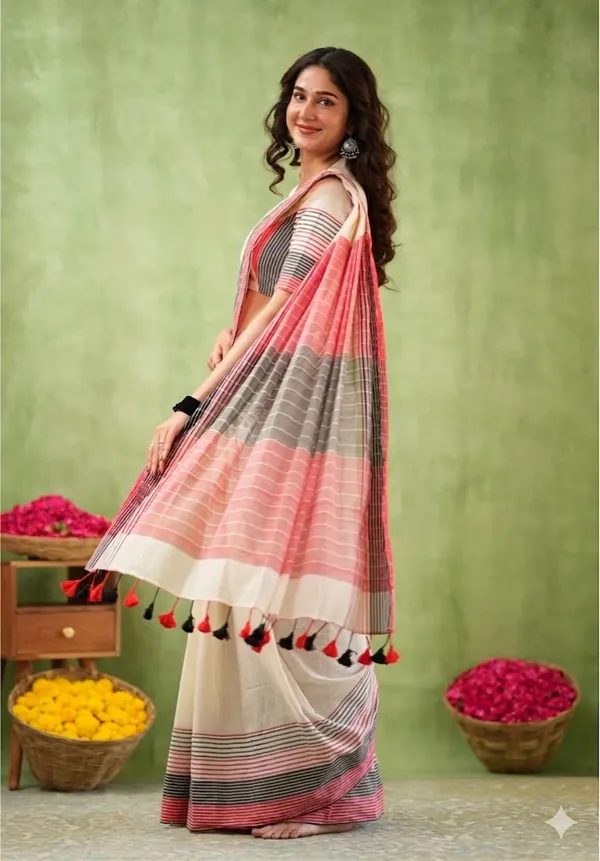 White_Linen_And_Cotton_Premium_Saree_For_Women