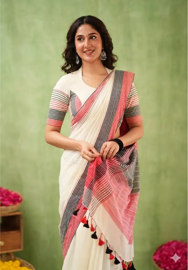 White_Linen_And_Cotton_Premium_Saree_For_Women