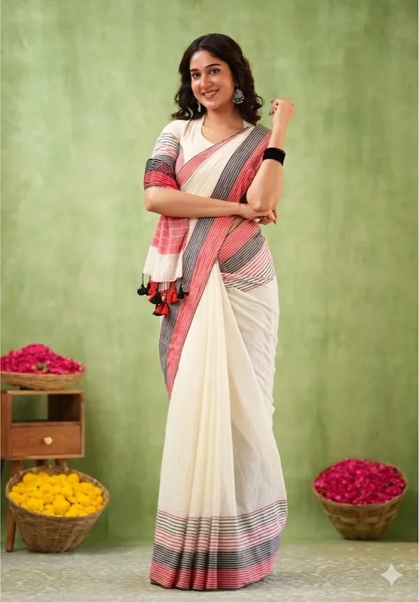 White_Linen_And_Cotton_Premium_Saree_For_Women