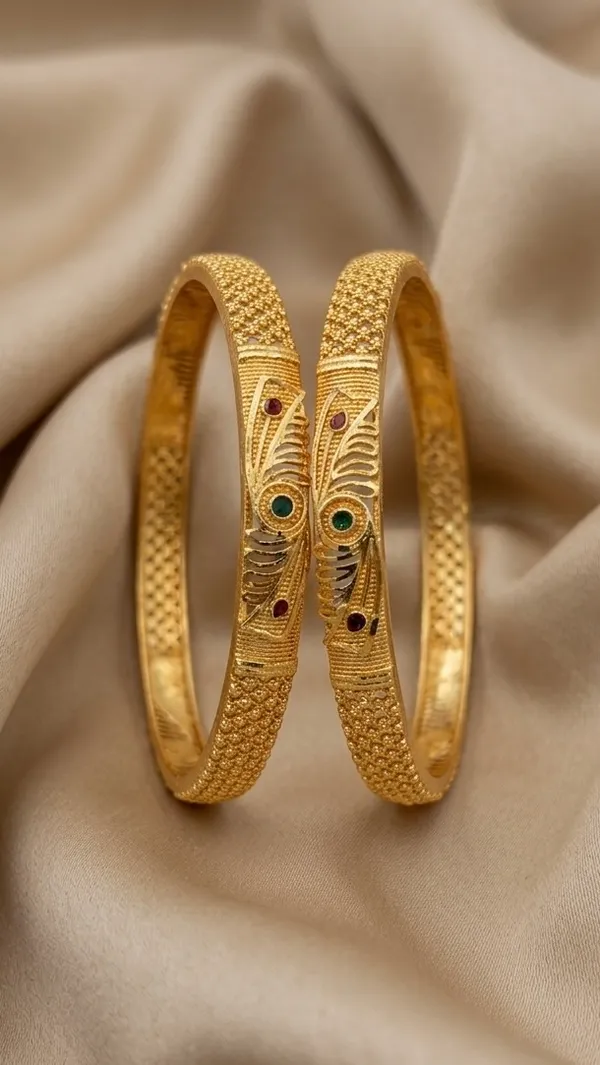 Gold_Metal_Peacock_Motif_Gemstone_Textured_Bangle_Set_For_Women