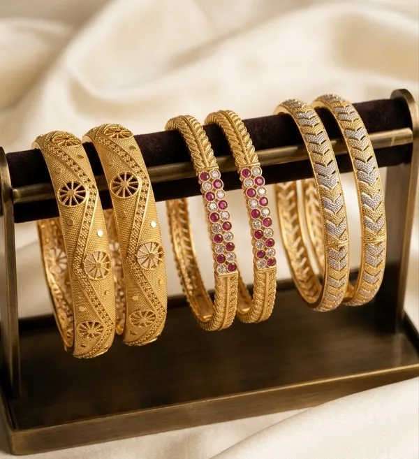 Gold_Metal_Peacock_Motif_Gemstone_Textured_Bangle_Set_For_Women