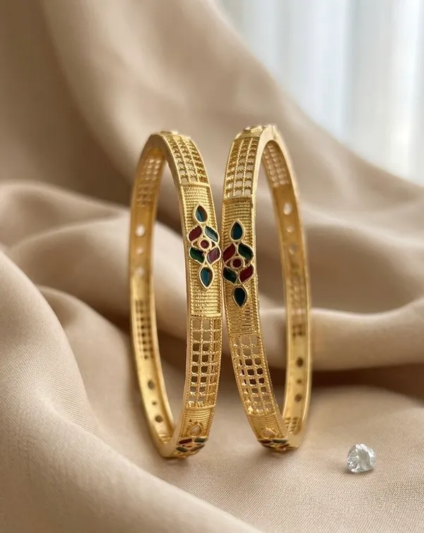 Gold_Plated_Textured_With_Gemstone_Accents_Bangles_For_Women_(Set_Of_2)