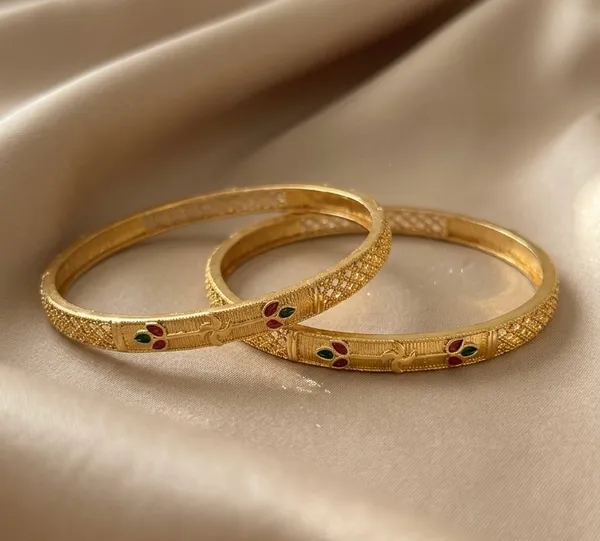 Gold_Plated_Textured_With_Stone_Accents_Bangles_For_Women_(Set_Of_2)
