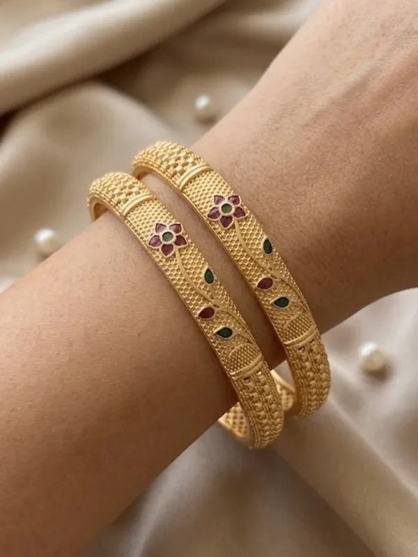 Gold_Plated_Textured_Floral_With_Gemstone_Accents_Bangles_For_Women_(Set_Of_2)