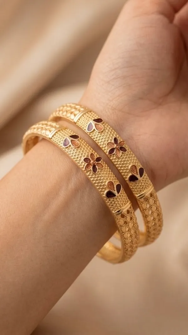 Gold_Textured_Floral_Enamel_Bangle_Set_For_Women_(Set_Of_2)