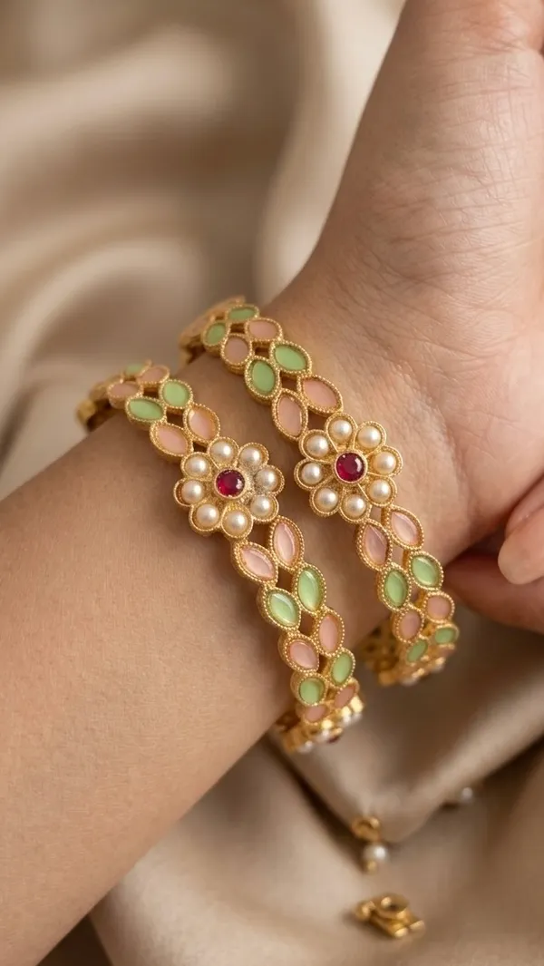 Gold_Plated_Pearl_And_Kundan_Floral_Design_Bangles_For_Women_(Set_Of_2)