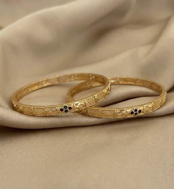 Gold_Plated_Textured_With_Gemstone_Accents_Bangles_For_Women_(Set_Of_2)