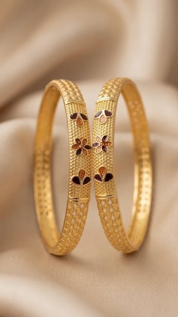 Gold_Textured_Floral_Enamel_Bangle_Set_For_Women_(Set_Of_2)