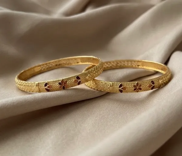 Gold_Textured_Floral_Enamel_Bangle_Set_For_Women_(Set_Of_2)