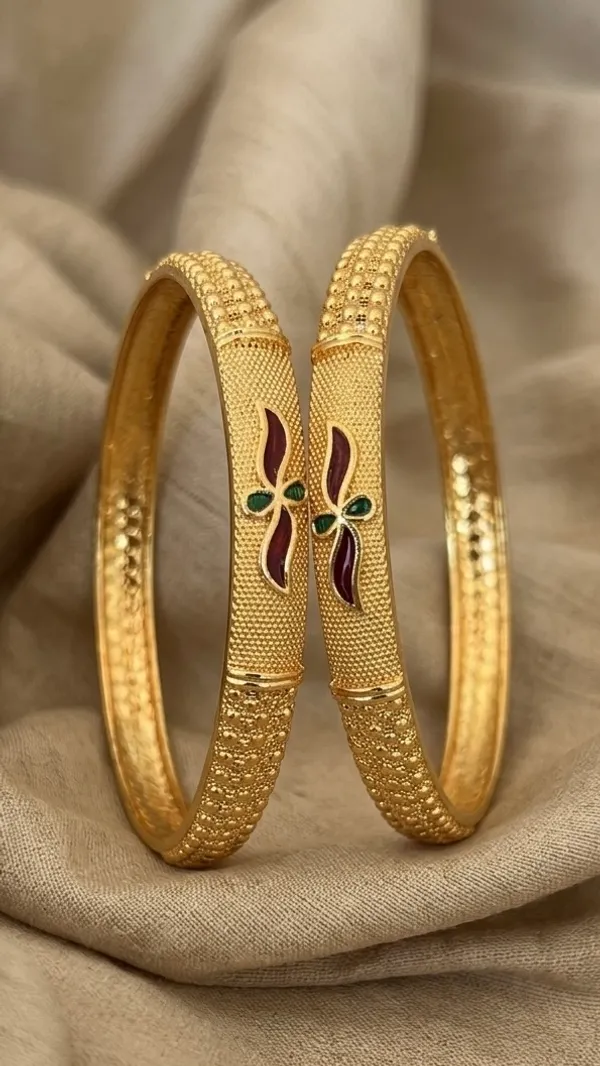 Gold_Plated_Textured_Floral_Enamel_Bangles_For_Women_(Set_Of_2)