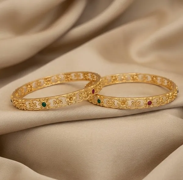 Gold_Plated_Floral_Filigree_Gemstones_With_Bangles_For_Women_(Set_Of_2)