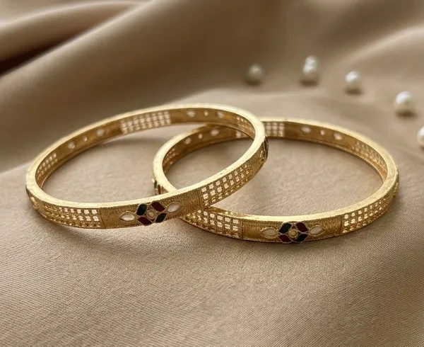 Gold_Plated_Textured_With_Gemstone_Accents_Bangles_For_Women_(Set_Of_2)