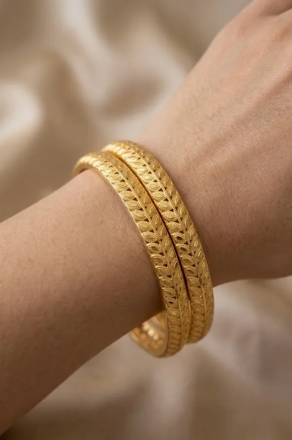 Gold_Plated_Textured_Leaf_Pattern_Bangles_For_Women_(Set_Of_2)