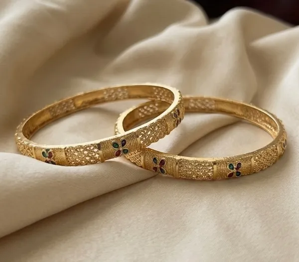 Gold_Textured_Floral_Enamel_Bangles_For_Women_(Set_Of_2)
