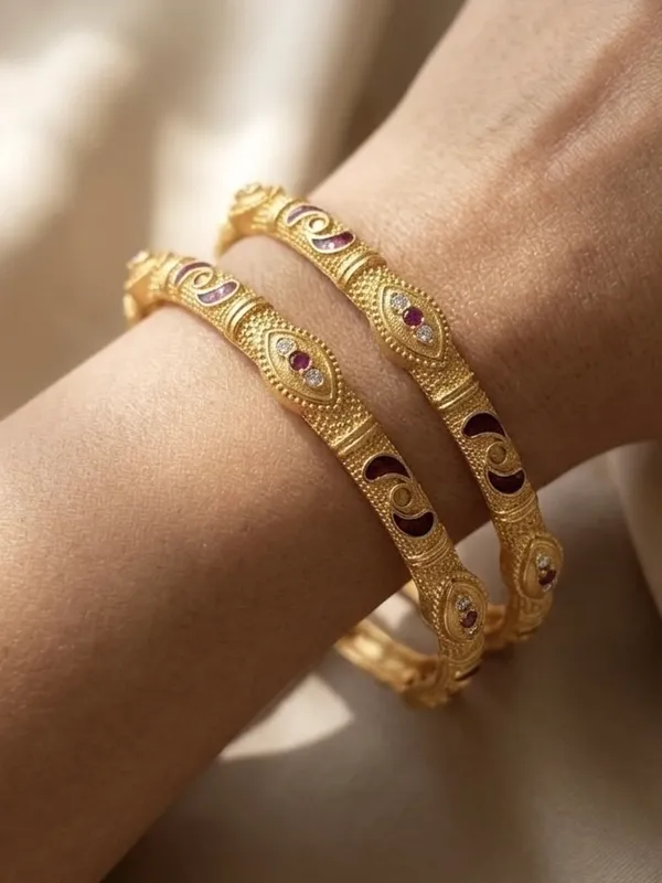 Gold_Plated_Marquise_Stone_Textured_Bangles_For_Women_(Set_Of_2)