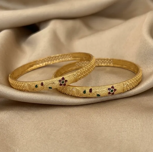 Gold_Plated_Textured_Floral_With_Gemstone_Accents_Bangles_For_Women_(Set_Of_2)