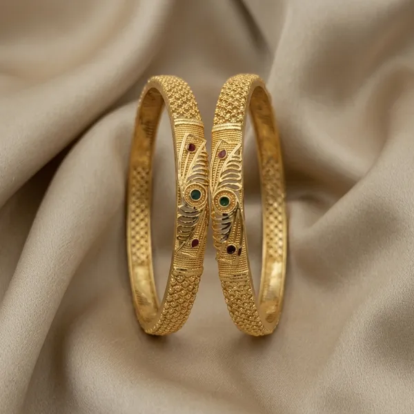 Gold_Plated_Peacock_Motif_Textured_Bangles_For_Women_(Set_Of_2)