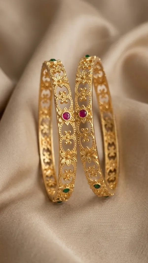 Gold_Plated_Floral_Filigree_Gemstones_With_Bangles_For_Women_(Set_Of_2)