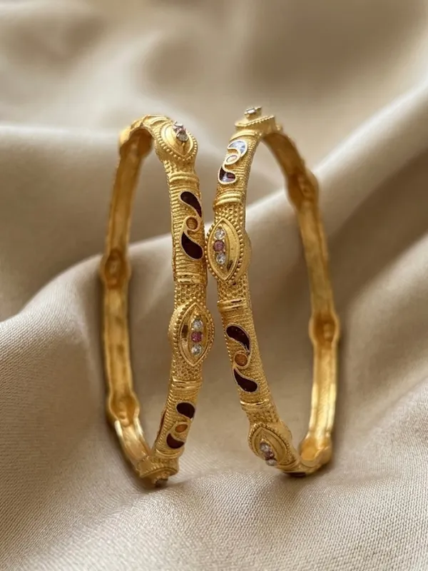Gold_Plated_Marquise_Stone_Textured_Bangles_For_Women_(Set_Of_2)