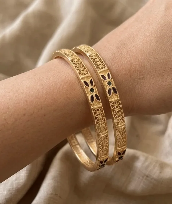 Gold_Plated_Floral_Enamel_Filigree_Bangles_For_Women_(Set_Of_2)