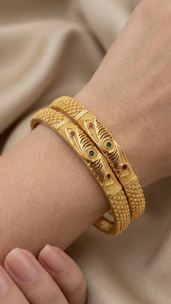 Gold_Plated_Peacock_Motif_Textured_Bangles_For_Women_(Set_Of_2)