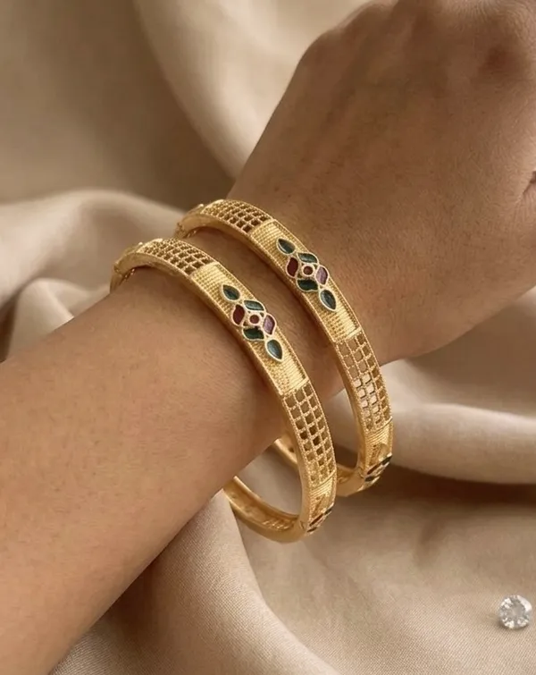 Gold_Plated_Textured_With_Gemstone_Accents_Bangles_For_Women_(Set_Of_2)